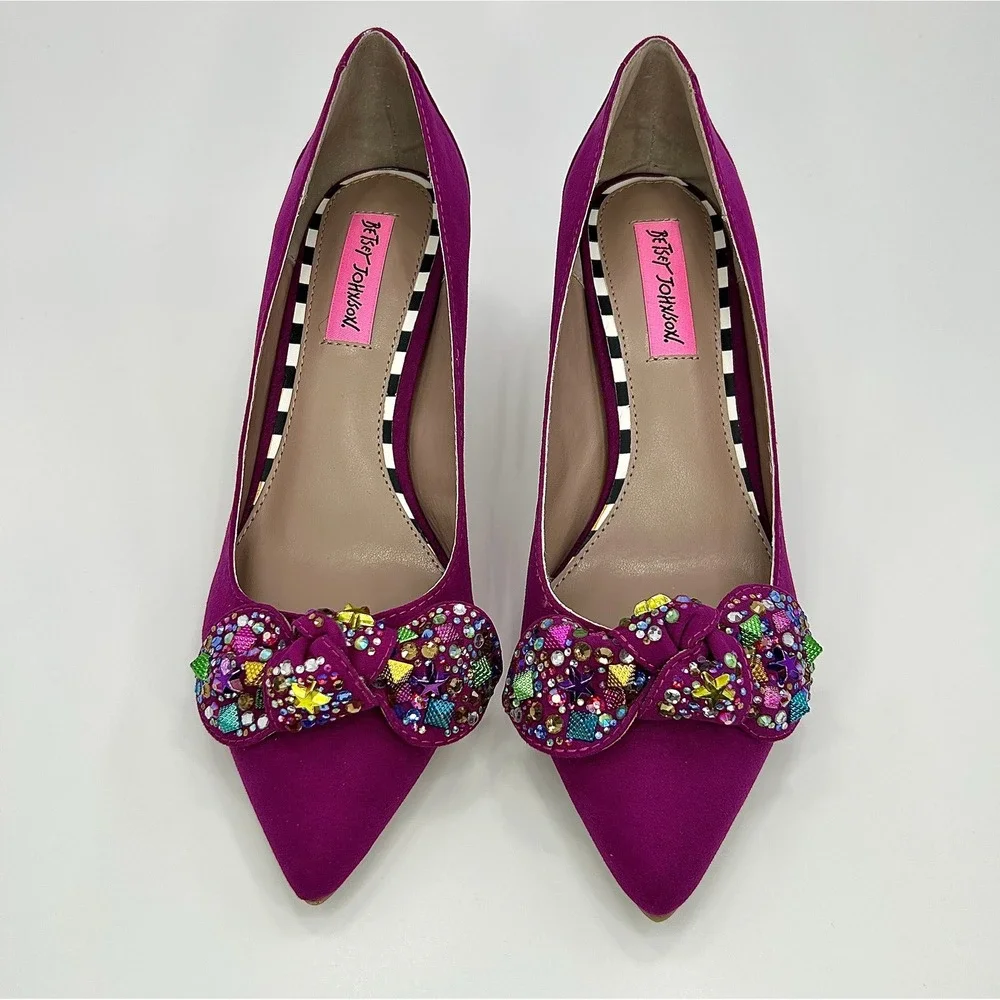 Betsey Johnson Axle Fuchsia Pink Jeweled Bow Kitten Heel Pumps 8M NWOB Wedding - Picture 5 of 10